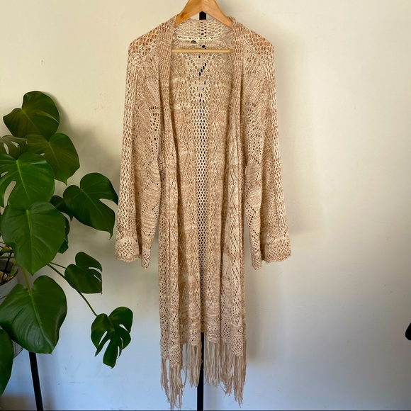 Roxy OS Tan Knit Long Sweater Fringe Boho Sheek coverup versatile